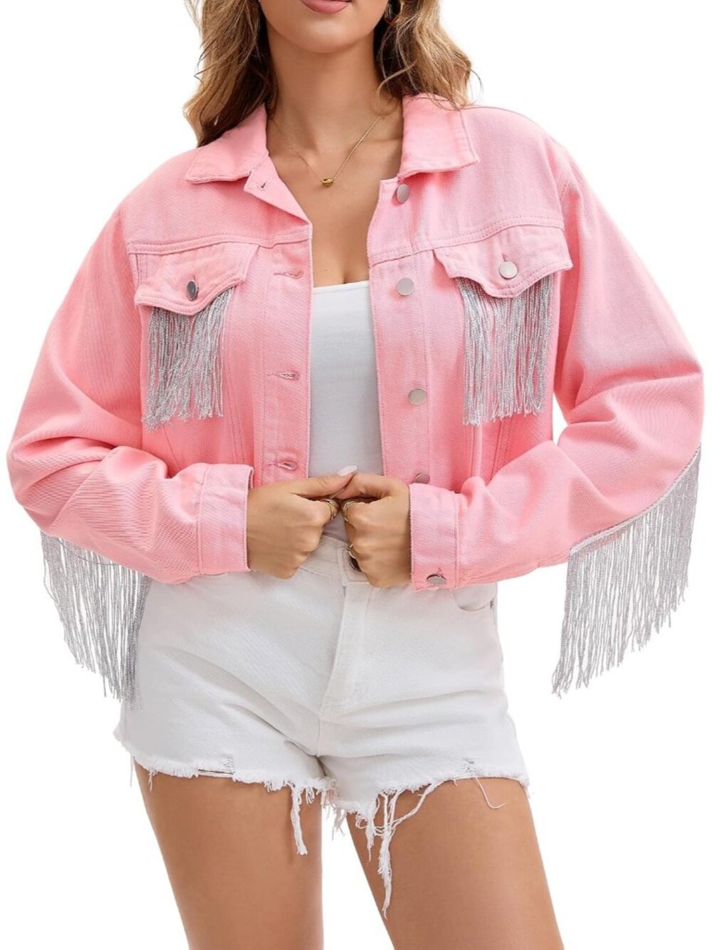 〽️Pink Women's Cropped Fringe Denim Jacket Tassel Festival Jacket